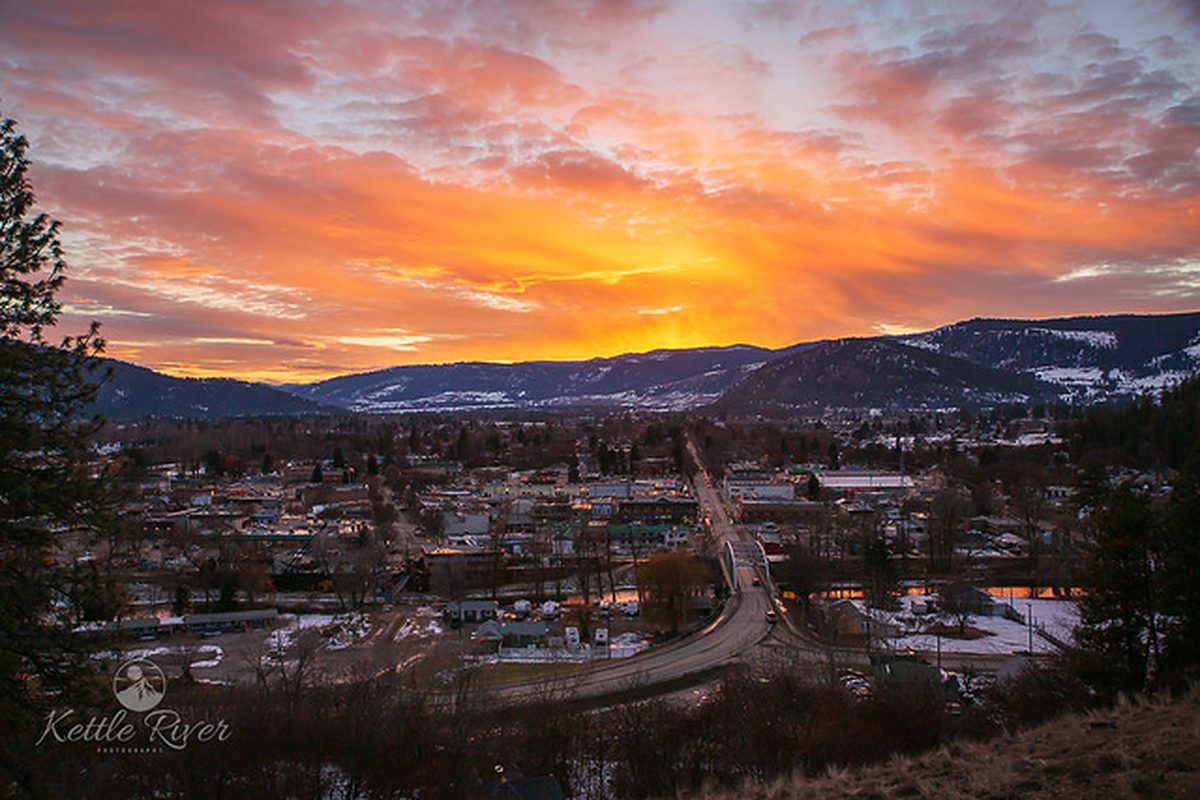 Sunset over Grand Forks, BC, with the Kettle River winding through the valley
